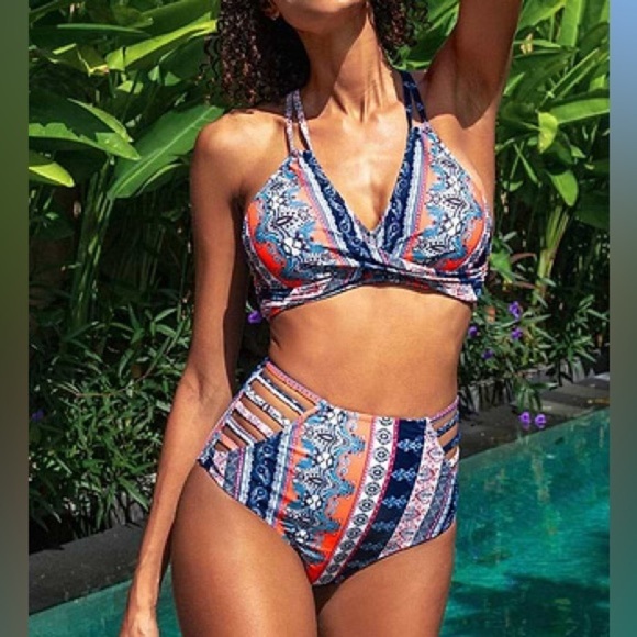 Cupshe Other - Cupshe Bikini Set Womens Medium Blue Red Cross Front Top High Waist Bottom New